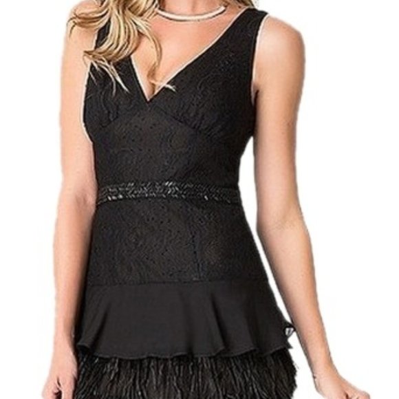 Bebe Long Black Feather Lace Chiffon Gown Dress 2 - Picture 2 of 6
